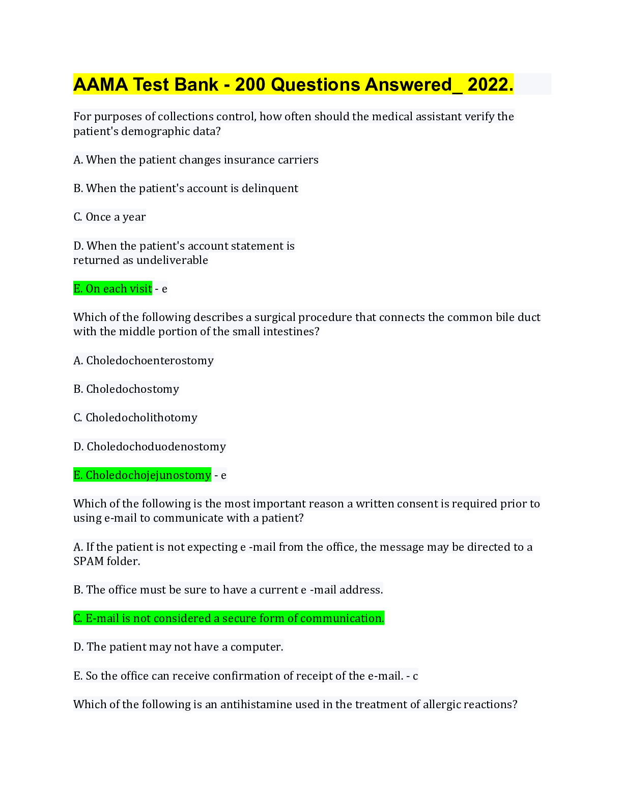 Preview image for (AAMA)® Certification Exam 2022 | CMA (AAMA) Medical Assistant Test Bank_200 questions & answers updated 2022.